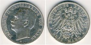 3 Mark Grand Duchy of Baden (1806-1918) Silver Frederick II, Grand Duke of Baden (1857 - 1928)