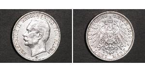 3 Mark Grand Duchy of Baden (1806-1918) Silver Frederick II, Grand Duke of Baden (1857 - 1928)