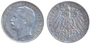 3 Mark Grand Duchy of Baden (1806-1918) Silver Frederick II, Grand Duke of Baden (1857 - 1928)