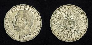 3 Mark Grand Duchy of Baden (1806-1918) Silver Frederick II, Grand Duke of Baden (1857 - 1928)