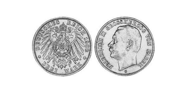 3 Mark Grand Duchy of Baden (1806-1918) Silver Frederick II, Grand Duke of Baden (1857 - 1928)