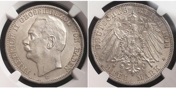3 Mark Grand Duchy of Baden (1806-1918) Silver Frederick II, Grand Duke of Baden (1857 - 1928)