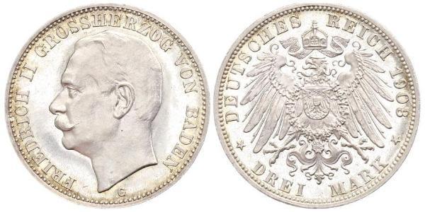 3 Mark Grand Duchy of Baden (1806-1918) Silver Frederick II, Grand Duke of Baden (1857 - 1928)