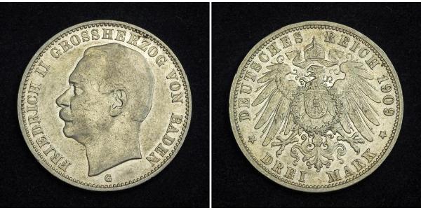 3 Mark Grand Duchy of Baden (1806-1918) Silver Frederick II, Grand Duke of Baden (1857 - 1928)