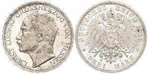 3 Mark Grand Duchy of Hesse (1806 - 1918) Silver Ernest Louis, Grand Duke of Hesse (1868 - 1937)