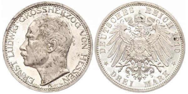 3 Mark Grand Duchy of Hesse (1806 - 1918) Silver Ernest Louis, Grand Duke of Hesse (1868 - 1937)