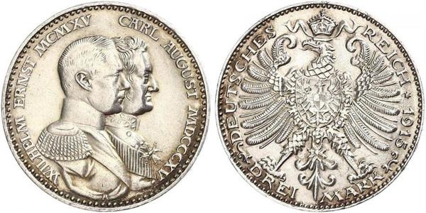 3 Mark Grand Duchy of Saxe-Weimar-Eisenach (1809 - 1918) Silver William Ernest, Grand Duke of Saxe-Weimar-Eisenach