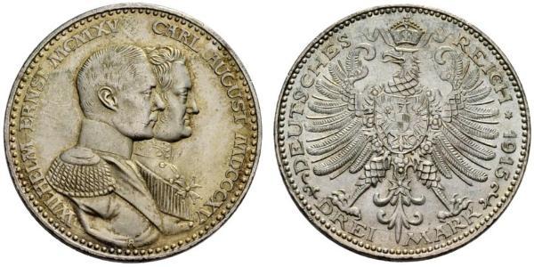 3 Mark Grand Duchy of Saxe-Weimar-Eisenach (1809 - 1918) Silver William Ernest, Grand Duke of Saxe-Weimar-Eisenach