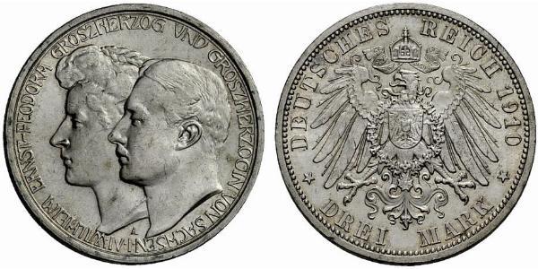 3 Mark Grand Duchy of Saxe-Weimar-Eisenach (1809 - 1918) Silver William Ernest, Grand Duke of Saxe-Weimar-Eisenach
