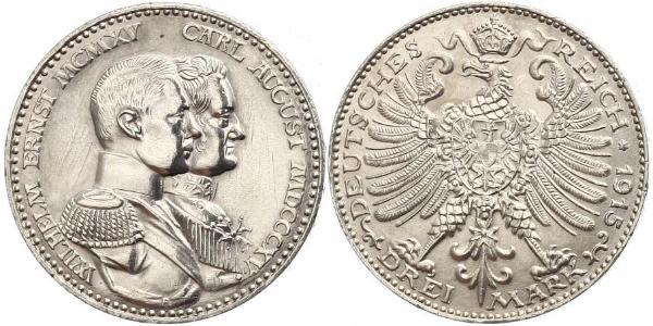 3 Mark Grand Duchy of Saxe-Weimar-Eisenach (1809 - 1918) Silver William Ernest, Grand Duke of Saxe-Weimar-Eisenach