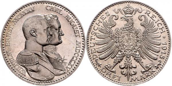 3 Mark Grand Duchy of Saxe-Weimar-Eisenach (1809 - 1918) Silver William Ernest, Grand Duke of Saxe-Weimar-Eisenach