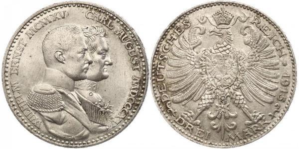 3 Mark Grand Duchy of Saxe-Weimar-Eisenach (1809 - 1918) Silver William Ernest, Grand Duke of Saxe-Weimar-Eisenach