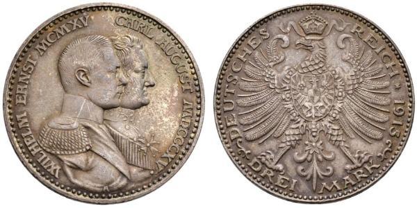 3 Mark Grand Duchy of Saxe-Weimar-Eisenach (1809 - 1918) Silver William Ernest, Grand Duke of Saxe-Weimar-Eisenach