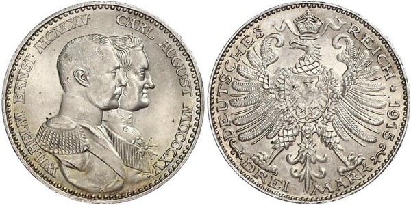 3 Mark Grand Duchy of Saxe-Weimar-Eisenach (1809 - 1918) Silver William Ernest, Grand Duke of Saxe-Weimar-Eisenach