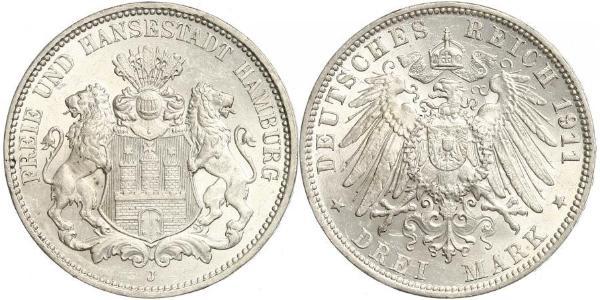 3 Mark Hamburg / States of Germany Silver 