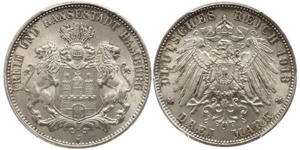 3 Mark Hamburg / States of Germany Silver 