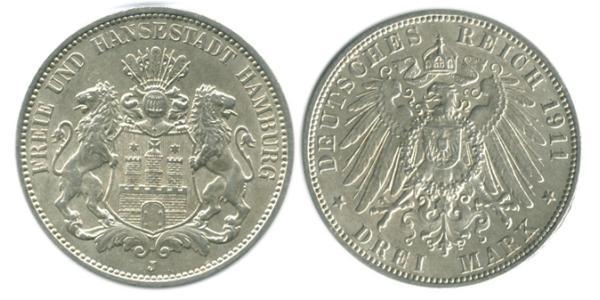 3 Mark Hamburg / States of Germany Silver 