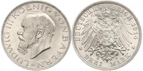 3 Mark Kingdom of Bavaria (1806 - 1918) Silver Ludwig III of Bavaria (1845 – 1921)