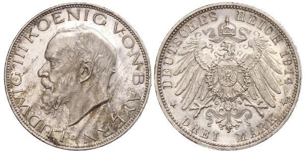 3 Mark Kingdom of Bavaria (1806 - 1918) Silver Ludwig III of Bavaria (1845 – 1921)