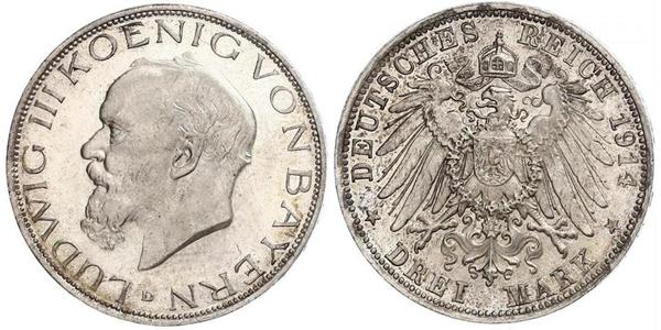 3 Mark Kingdom of Bavaria (1806 - 1918) Silver Ludwig III of Bavaria (1845 – 1921)
