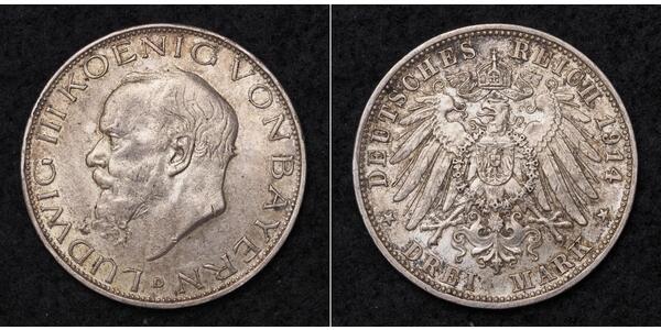3 Mark Kingdom of Bavaria (1806 - 1918) Silver Ludwig III of Bavaria (1845 – 1921)