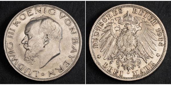 3 Mark Kingdom of Bavaria (1806 - 1918) Silver Ludwig III of Bavaria (1845 – 1921)