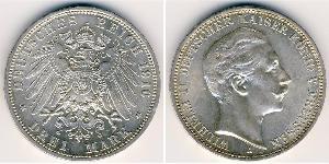 3 Mark Kingdom of Prussia (1701-1918) Silver Wilhelm II, German Emperor (1859-1941)