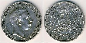 3 Mark Kingdom of Prussia (1701-1918) Silver Wilhelm II, German Emperor (1859-1941)