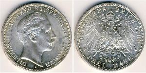 3 Mark Kingdom of Prussia (1701-1918) Silver Wilhelm II, German Emperor (1859-1941)