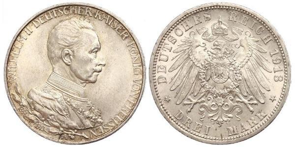 3 Mark Kingdom of Prussia (1701-1918) Silver Wilhelm II, German Emperor (1859-1941)