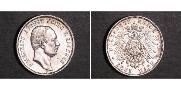 3 Mark Kingdom of Saxony (1806 - 1918) Silver Frederick Augustus III of Saxony (1865-1932)