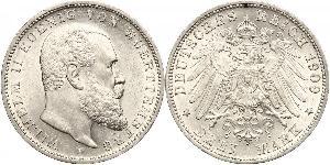 3 Mark Kingdom of Württemberg (1806-1918) Silver Wilhelm II, German Emperor (1859-1941)