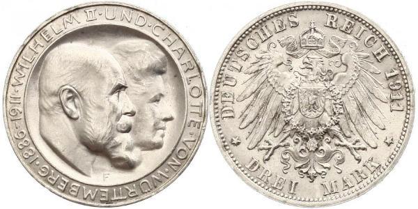 3 Mark Kingdom of Württemberg (1806-1918) Silver Wilhelm II, German Emperor (1859-1941)