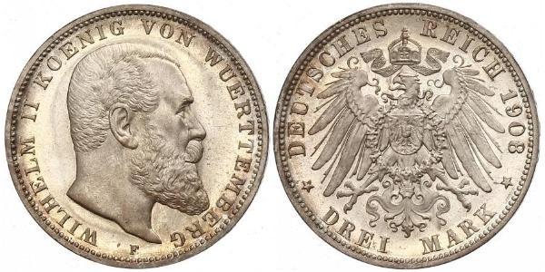 3 Mark Kingdom of Württemberg (1806-1918) Silver Wilhelm II, German Emperor (1859-1941)