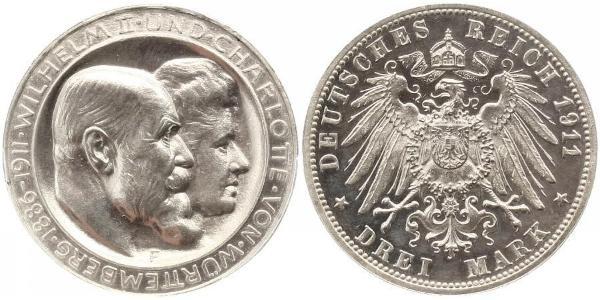 3 Mark Kingdom of Württemberg (1806-1918) Silver Wilhelm II, German Emperor (1859-1941)