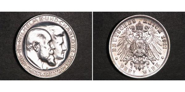 3 Mark Kingdom of Württemberg (1806-1918) Silver Wilhelm II, German Emperor (1859-1941)