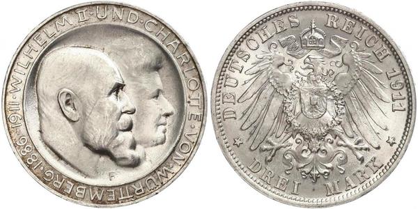 3 Mark Kingdom of Württemberg (1806-1918) Silver Wilhelm II, German Emperor (1859-1941)