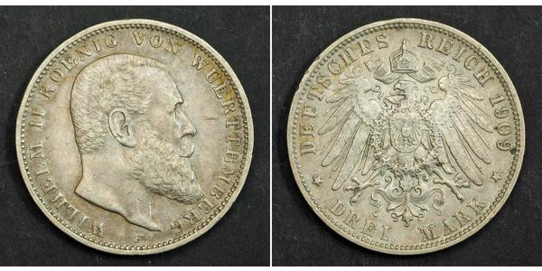 3 Mark Kingdom of Württemberg (1806-1918) Silver Wilhelm II, German Emperor (1859-1941)