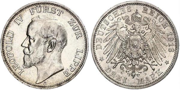 3 Mark Principality of Lippe (1123 - 1918) Silver Leopold IV, Prince of Lippe
