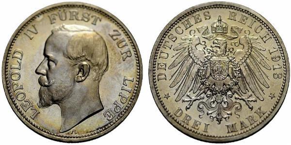 3 Mark Principality of Lippe (1123 - 1918) Silver Leopold IV, Prince of Lippe