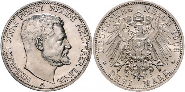 3 Mark Principality of Reuss-Greiz (1778 - 1918) Silver Heinrich XXIV, Prince Reuss of Greiz