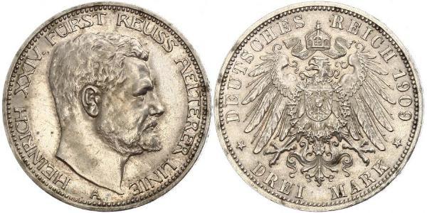 3 Mark Principality of Reuss-Greiz (1778 - 1918) Silver Heinrich XXIV, Prince Reuss of Greiz