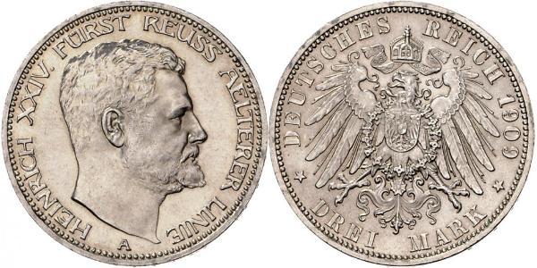 3 Mark Principality of Reuss-Greiz (1778 - 1918) Silver Heinrich XXIV, Prince Reuss of Greiz