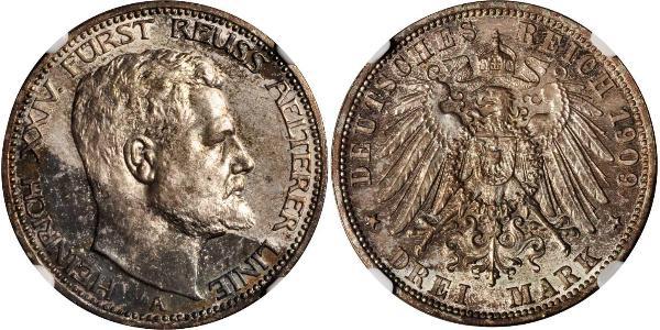 3 Mark Principality of Reuss-Greiz (1778 - 1918) Silver Heinrich XXIV, Prince Reuss of Greiz