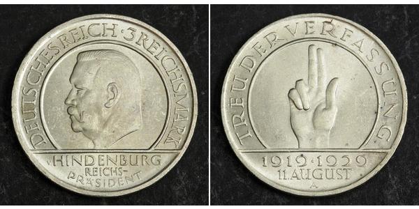 3 Mark Weimar Republic (1918-1933) Silver Paul von Hindenburg