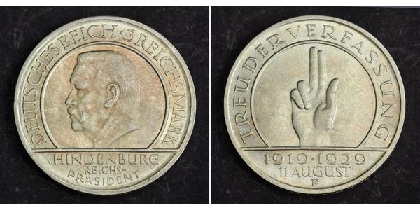 3 Mark Weimar Republic (1918-1933) Silver Paul von Hindenburg