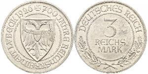 3 Mark Free City of Lübeck 銀 