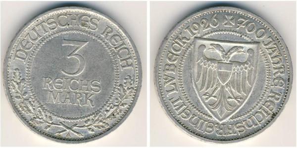 3 Mark Free City of Lübeck 銀 