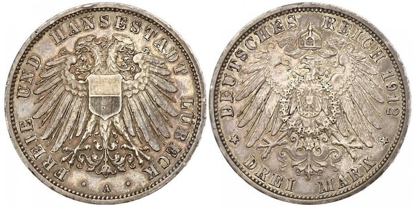 3 Mark Free City of Lübeck 銀 