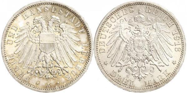 3 Mark Free City of Lübeck 銀 